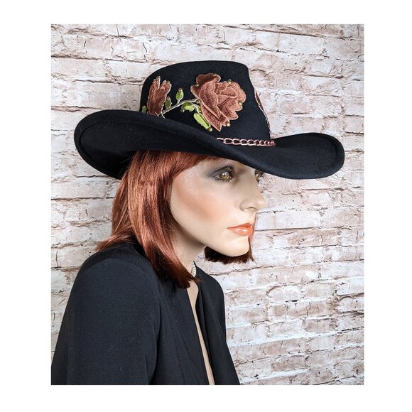 SCALA 100% Wool Felt Western Wear Cowgirl Hat Black Pink Rose Applique\' One Size main image 10